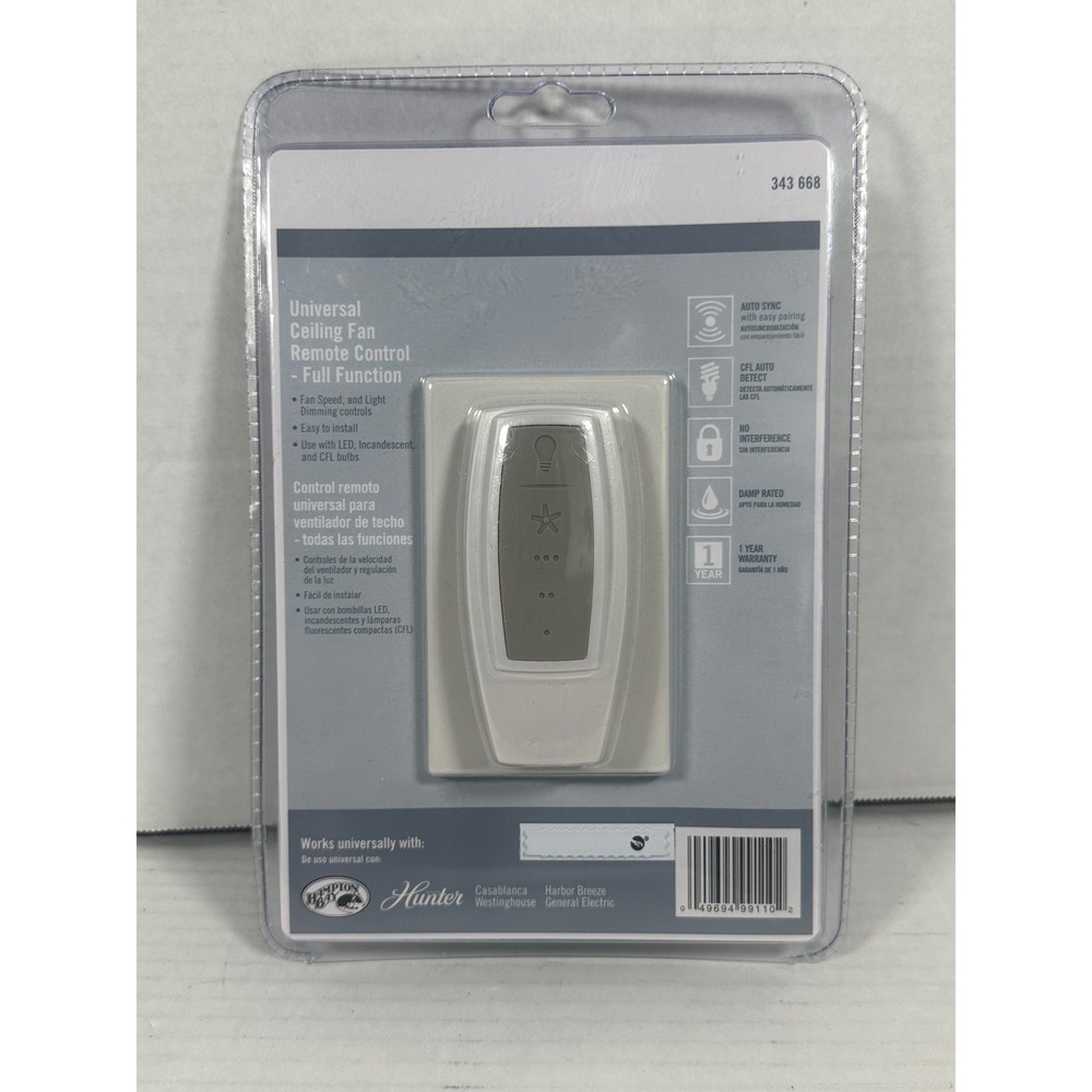 Hampton Bay‎ Universal Ceiling Fan Remote Control Full Function 343 668 White